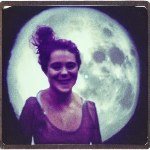 Prompt: a woman in the background a house on fire and she is smiling and the moon is purple, polaroid photo, perfect photo, photo pinterest