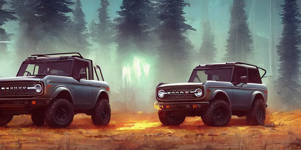 Image similar to 2022 ford bronco, an epic fantasy, dramatic lighting, cinematic, establishing shot, extremely high detail, photorealistic, cinematic lighting, artstation, by simon stalenhag, horizon forbidden west