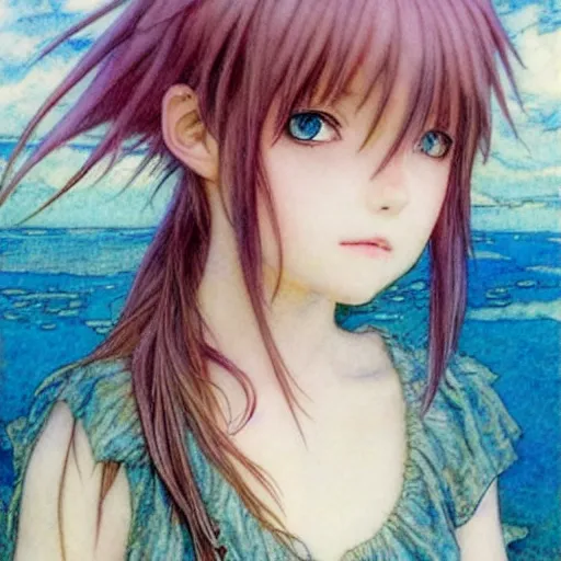 Image similar to Cute young girl in anime style with rainbow hair in the style of Arthur Rackham, pixiv, pinterest anime, art by Steve Hanks, art by Alyssa Monks, endless summer art, realistic, wide focus, 8k ultra, insanely detailed, intricate, elegant, art by Laurie Lipton, digital art by James Clyne, art by Steve Hanks