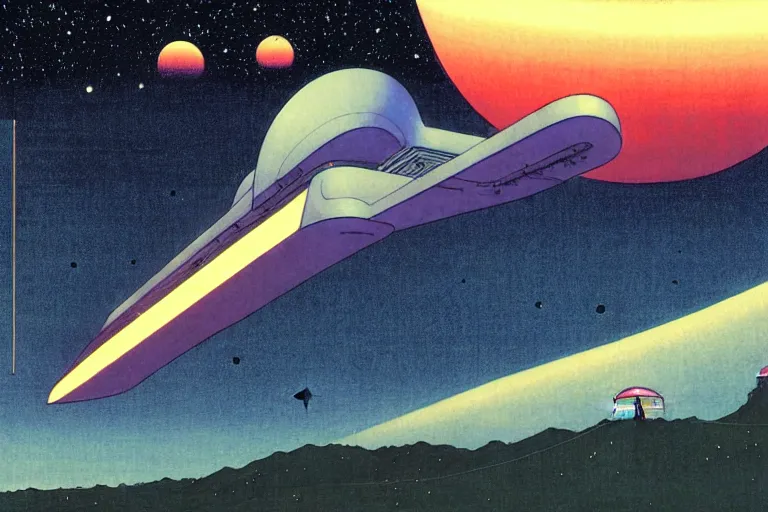 Prompt: an unknown spaceship which travels through the night sky, photoillustration ink drawing acrylic art digital illustration oil on canvas photorealistic polished sci - fi ukiyo - e david rios ferreira filmic stock photo landscape polished photorealistic, by kawase hasui, moebius and edward hopper, vivid bright light, colorful flat surreal design, hd, 4 k, artstation