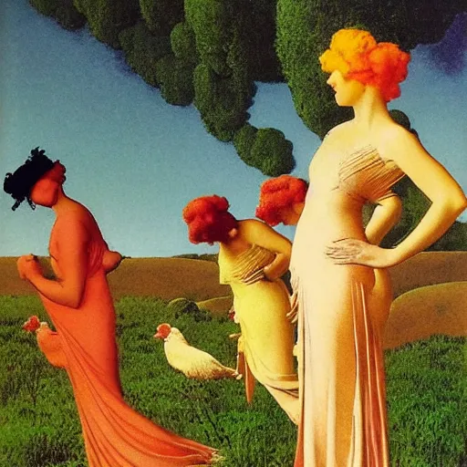 Image similar to seven hens in dresses, maxfield Parrish