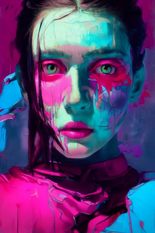 Image similar to portrait of a beautiful girl living in a postapoliptic forgotten world, her face expresses : sadness, and death, in the colors hot pink and cyan, beautiful face, rule of thirds, complex outfit, spotlight, by greg rutkowski, by jeremy mann, by francoise nielly, by van gogh, digital painting