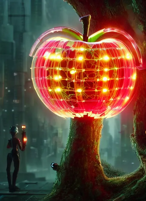 Image similar to intricate mechanical translucent apple with visible gears and components inside, growing off a tree, on the background of a weird magical mechanical forest. Very detailed 8k. Fantasy cyberpunk horror. Sharp. Cinematic post-processing