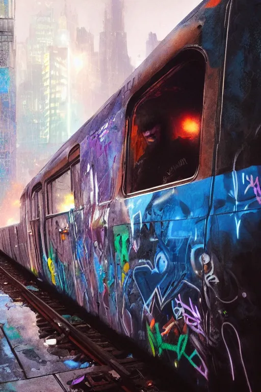 Image similar to portrait, Graffiti sprayed old new york Subway car, dynamic lighting, volumetric, bokeh, cinematic, establishing shot, extremly high detail, photo realistic, cinematic lighting, post processed, concept art, artstation, matte painting, style by eddie mendoza, raphael lacoste, alex ross