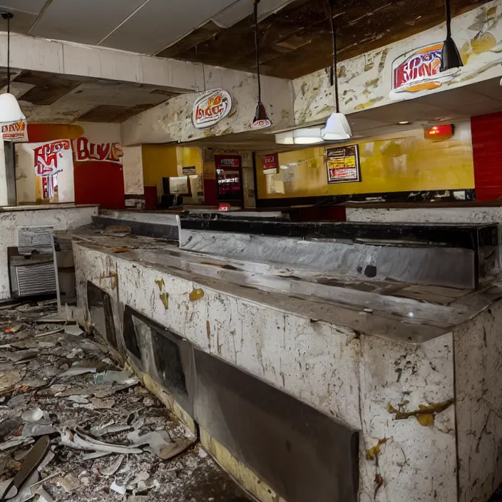 Prompt: the inside of an old abandoned burger king where many people were killed. it hasn't been entered in 3 2 years. view is of the counter where you would order food, the menu board, and the kitchen. professional photography