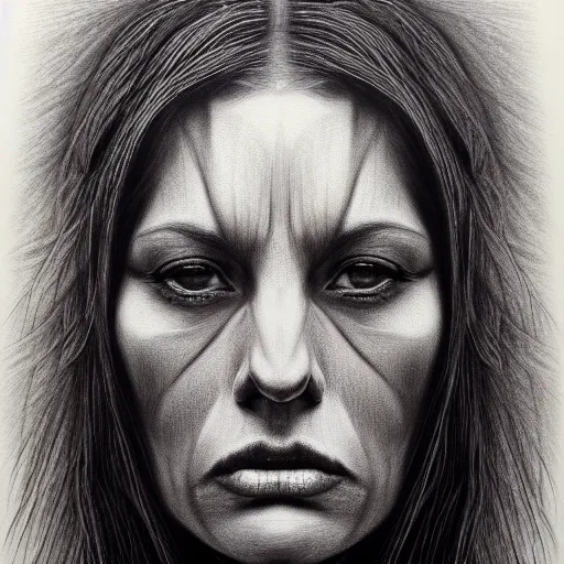 Image similar to painted closeup portrait of intense woman, fierce, fantasy, intricate, elegant, extremely detailed by by chuck close, charcoal on canvas