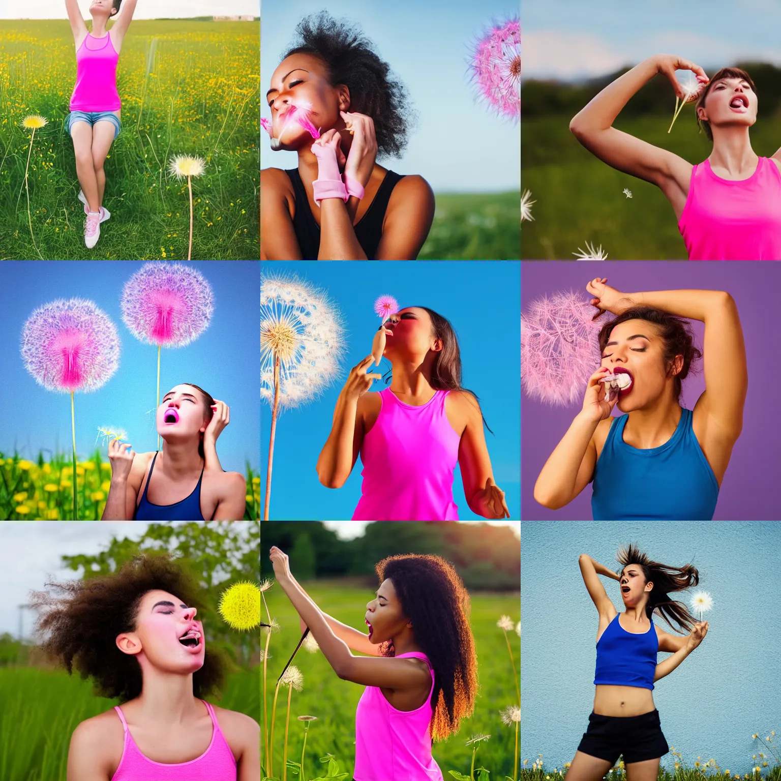 Prompt: “A photograph of a young woman wearing a bright pink racerback tank top opening her mouth wide and taking a very deep breath, in order to blow a dandelion in her hand, bright blue sky background. 4K, high quality.”