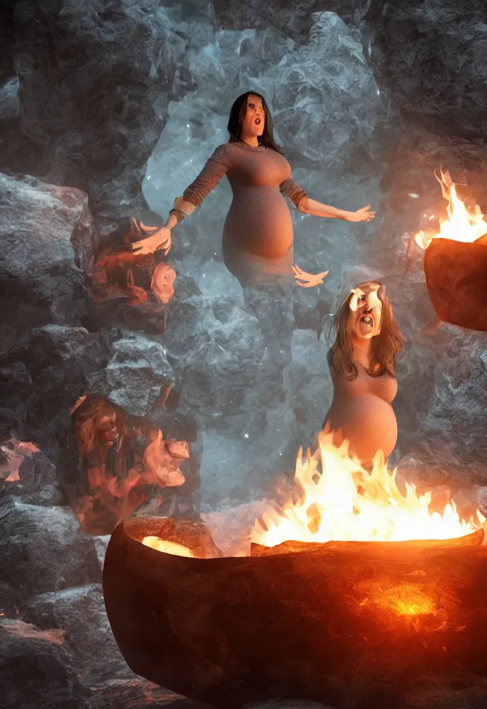 Prompt: pregnant woman making an epic speech with a technological fire pit, crowd hearing the pregnant woman, ice cave, facinating, fantasy digital art, octane render, beautiful composition, trending on artstation, award - winning photograph, masterpiece