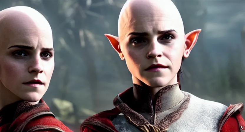 Prompt: promotional image of emma watson as a bald elf in dragon age : inquisition, hyperrealistic, detailed face, movie still, promotional image, imax 7 0 mm footage