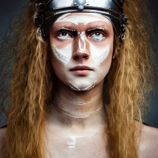 Image similar to minimalist photography portrait of an elaborately adorned female germanic warrior, face scars, symmetrical, super close up, mid thirties, cute round slanted eyes, sunburnt skin, wide nostrils, high cheekbones, high flat eyebrows, ethereal essence, angelic, leica 1 0 0 mm f 0. 8