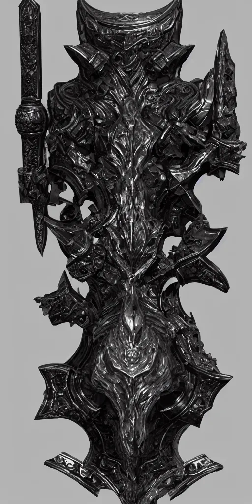 Image similar to a black and silver axe skull crest, ornament, dwarven weapon, by dom qwek, trending on artstation, hard surface modeling