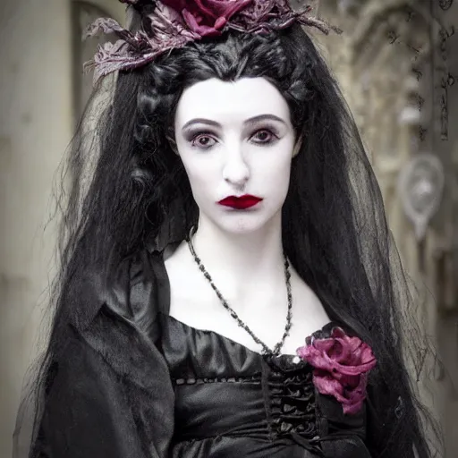 Image similar to a stoic, beautiful female vampire. Gothic, French Aristocrat. Powdered wig, artificial prosthetics. Intricate Clockwork.