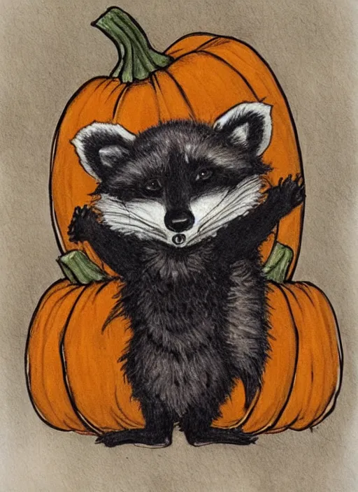 Image similar to halloween pumpkin in the shape of a raccoon by Rebecca Guay art, high quality, highly detailed,