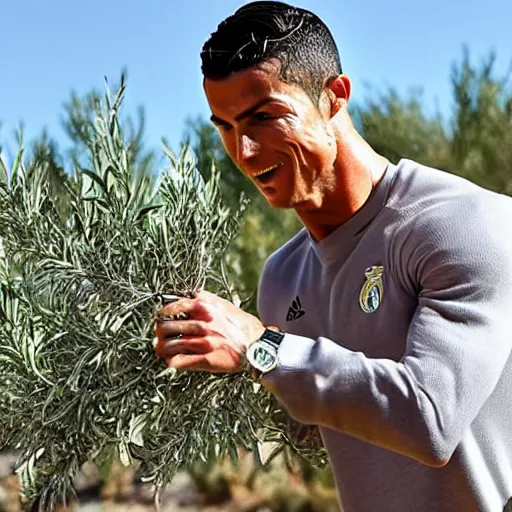 Prompt: cristiano ronaldo shaking an olive tree