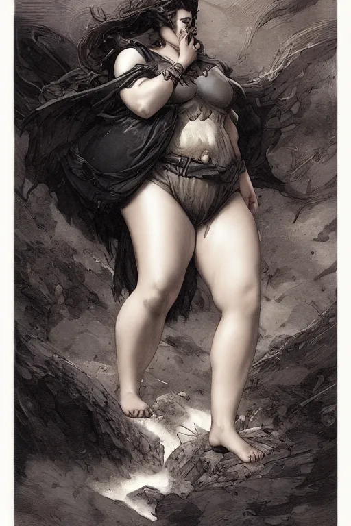 Prompt: Beautiful Chonky heroine with thick thighs and large breasts, standing over a fallen foe, with her foot on his chest - in the style of greg rutkowski, by Gustave Doré, by Marco Turini, by Artgerm, Deviantart in the style of Tom Bagshaw, Cedric Peyravernay, Peter Mohrbacher by William-Adolphe Bouguereau, by frank frazetta, symetrical features, joyful 4k