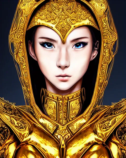 Image similar to anime style portrait of woman in shining golden armor, high production value, intricate details, high resolution, hdr, high definition, masterpiece, realistic, ultrarealistic, highly detailed, hd, sharp focus, non blurry, sharp, smooth