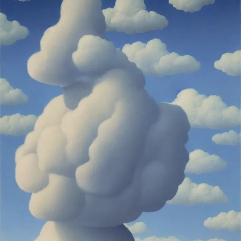 Image similar to portrait of a cloud man by rene magritte, detailed painting, hd, hq, high resolution, high detail, 4 k, 8 k