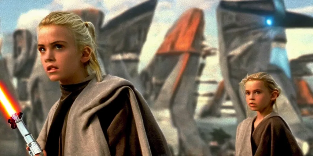 Image similar to A full color still of a teenage blonde Jedi padawan holding a lightsaber hilt, looking scared, sci-fi city in the background, windy, from The Phantom Menace, directed by Steven Spielberg, 35mm!!! 1990