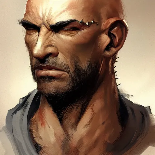 Image similar to bald man with iron spikes driven through his eyes, portrait, behance hd artstation, style of jesper ejsing