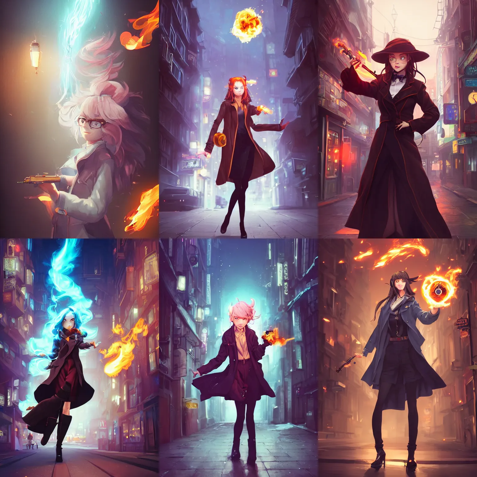 Prompt: a portrait of a cute female wizard wearing a flowing very stylish trenchcoat, grasping a fireball in one hand and a revolver in the other hand, fireball lighting her face, embers flying, urban fantasy setting, narrow street, vivid colors, warm lighting, atmospheric, cinematic, moody, in the style of Ilya Kuvshinov and Range Murata, Krenz Cushart, rule of thirds, oil on canvas, 8k