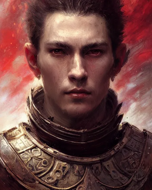 Image similar to close up of a young emperor wearing an armor ; masculine man with thin faces line and perfect jawline, two sides brown hair, elegant, ethereal horror fantasy art by greg rutkowski, jeremy mann, magali villeneuve and claude monet, large shoulders, red background