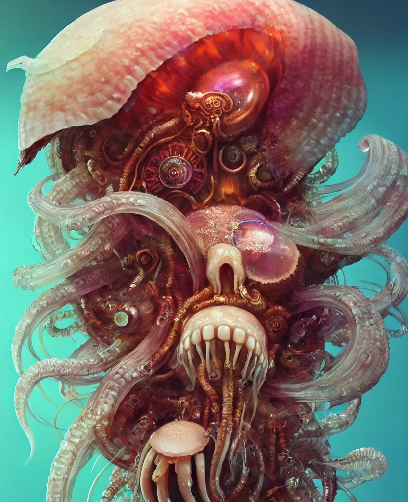 Prompt: goddess close-up portrait ram skull. jellyfish phoenix head, nautilus, orchid, ram skull, betta fish, bioluminiscent creatures, intricate artwork by Tooth Wu and wlop and beeple. octane render, trending on artstation, greg rutkowski very coherent symmetrical artwork. cinematic, hyper realism, high detail, octane render, 8k
