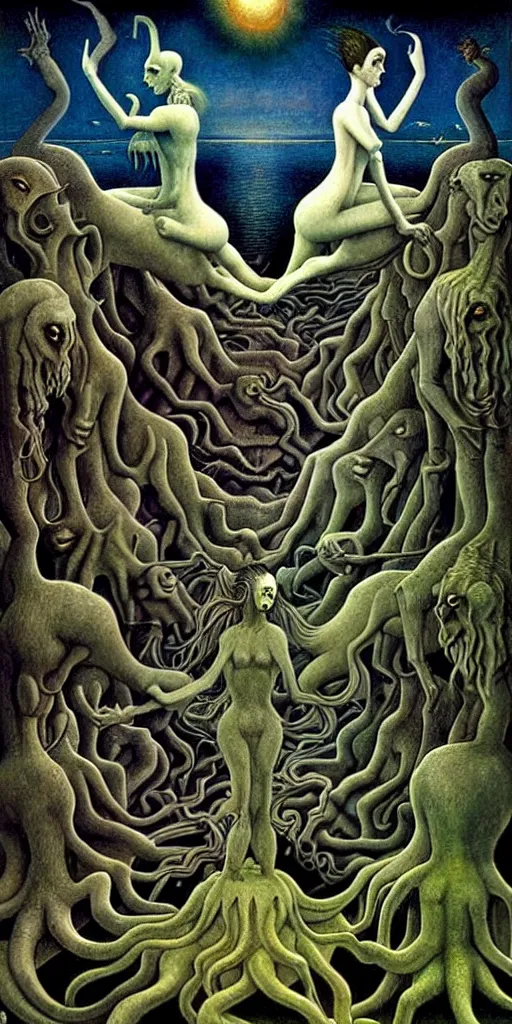 Image similar to mythical creatures and monsters in the imaginal realm of the collective unconscious, in a dark surreal painting by johfra, mc escher and ronny khalil