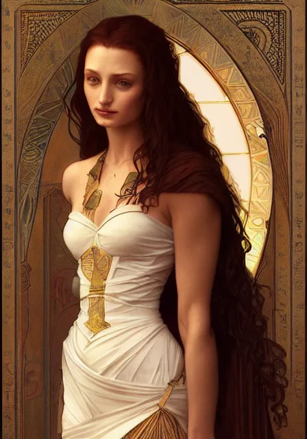 Image similar to sansa angeline jolie gessica chastain egypt mummy, intricate, elegant, highly detailed, digital painting, artstation, concept art, smooth, sharp focus, illustration, art by artgerm and greg rutkowski and alphonse mucha and william - adolphe bouguereau