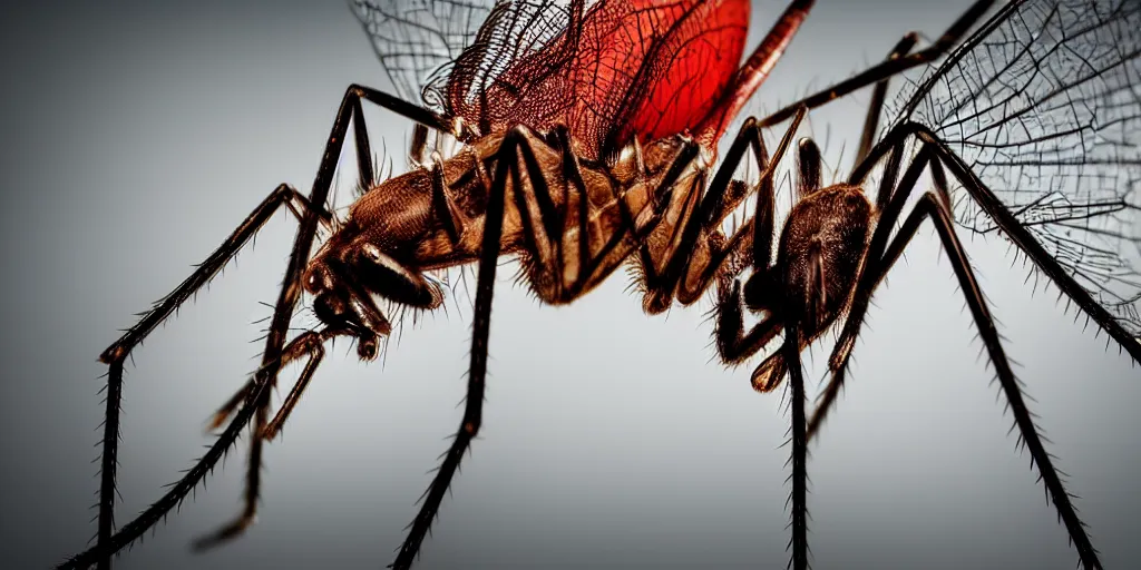 Prompt: extremely detailed macro photograph of a mosquito, blur, glare, veins, transparency, bubbles, professional photography, studio, microscope