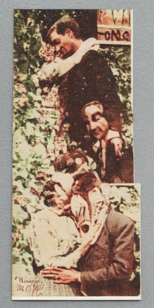 Prompt: vintage post card, love, warmth, happiness, couple