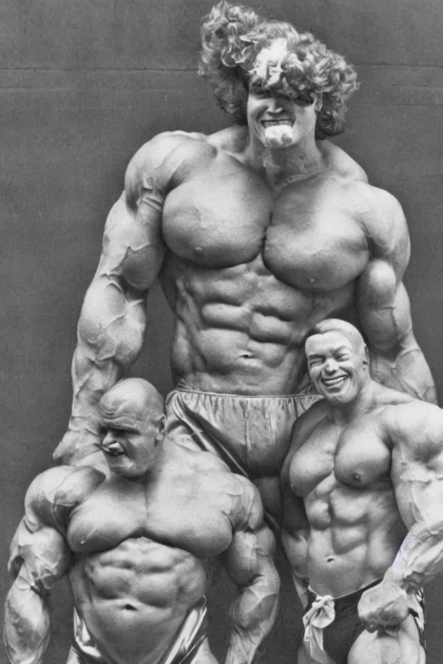 Prompt: Ronald McDonald as a bodybuilder in front of McDonald\'s, photo by Anne Liebovitz