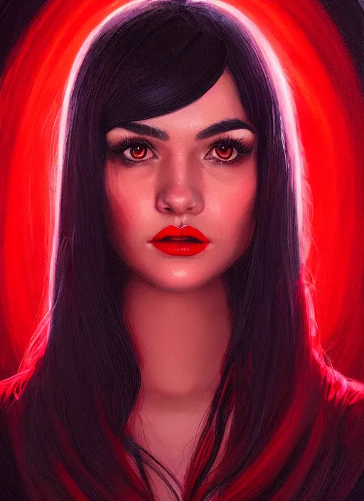 Image similar to portrait of veronica lodge with bangs, vampire, long hair, red clothes, bangs, intricate, elegant, glowing lights, highly detailed, digital painting, artstation, concept art, smooth, sharp focus, illustration, art by wlop, mars ravelo and greg rutkowski