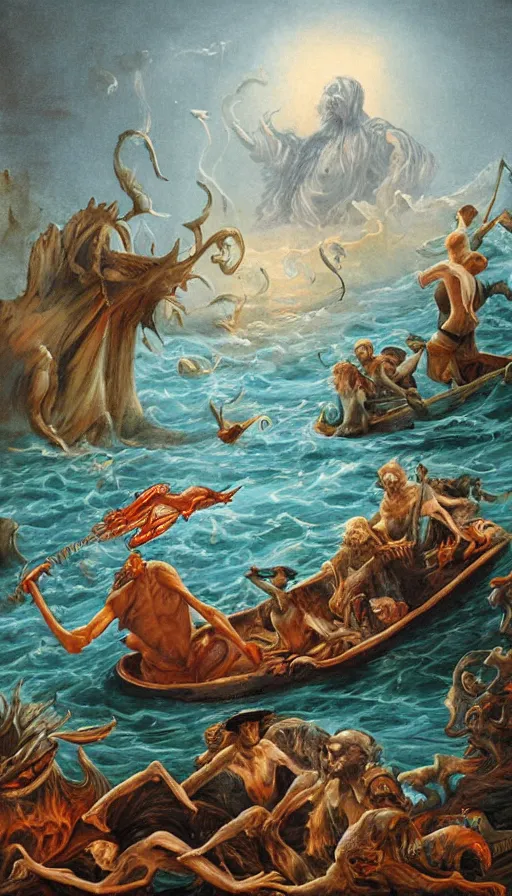 Image similar to man on boat crossing a body of water in hell with creatures in the water, sea of souls, by khara inc