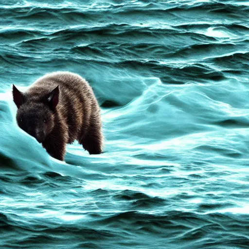 Prompt: wombat playing chess or a raft in stormy seas realistic waves