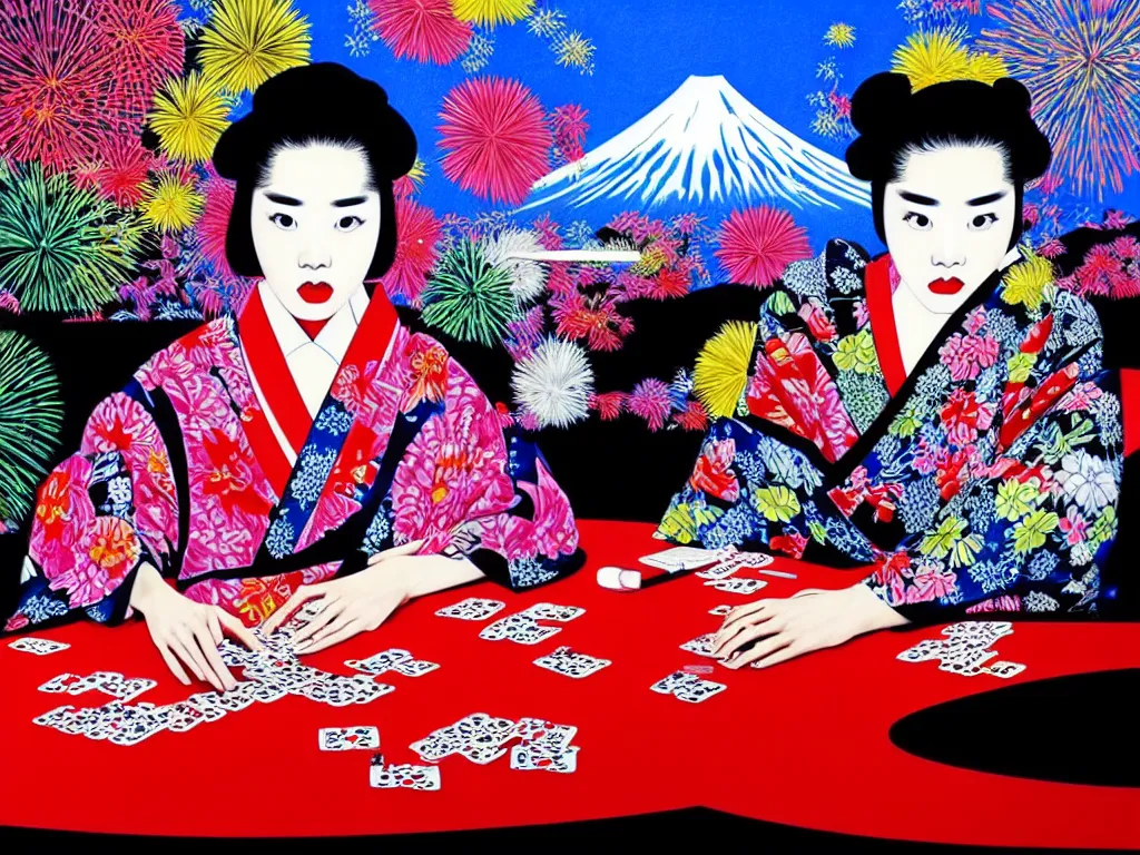 Image similar to hyperrealistic composition of the detailed woman in a japanese kimono sitting at a extremely detailed poker table with hyperdetailed darth vader, fireworks, mountain fuji on the background, pop - art style, jacky tsai style, andy warhol style, acrylic on canvas