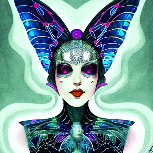 Image similar to realistic illustration of a beautiful art deco faerie queen with glowing eyes, moth wings with geometric patterns, reflective detailed textures, highly detailed dark fantasy science fiction painting, silver and cool colors, artstation