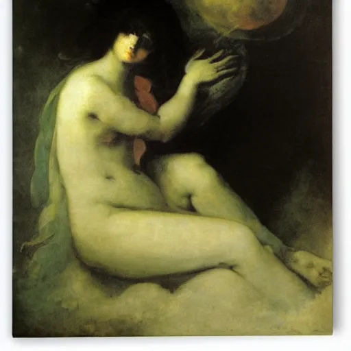 Prompt: luna grieving gaia, fresco by francisco goya