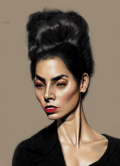 Prompt: portrait of a hispanic woman with a crooked nose and a confident expression, 1 9 6 0 s, black clothes, punk, funk, intricate, elegant, highly detailed, digital painting, artstation, concept art, smooth, sharp focus, illustration, art by wlop, mars ravelo and greg rutkowski