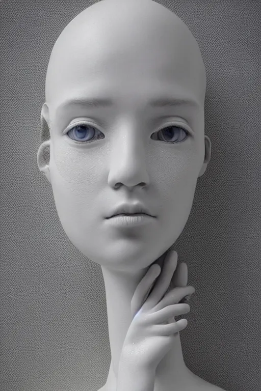 Image similar to full head and shoulders, beautiful porcelain female person, smooth, delicate facial features, lots of realistic, detailed eyeballs all over the face, white lashes, by daniel arsham and james jean
