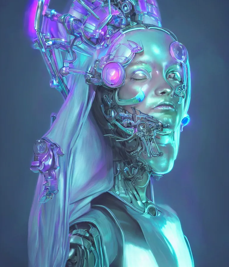 Prompt: iridescent portrait of a beautiful princess of death in robe. hard surface modelling. cyberpunk look. biomechanical mask. bio luminescent biomechanical halo around head. neon jellyfish. artwork by jarold Sng by artgerm, by Eddie Mendoza, by Peter mohrbacher by tooth wu, unreal engine, octane render, cinematic light, high details, iridescent colors, dichroic, macro, 4l