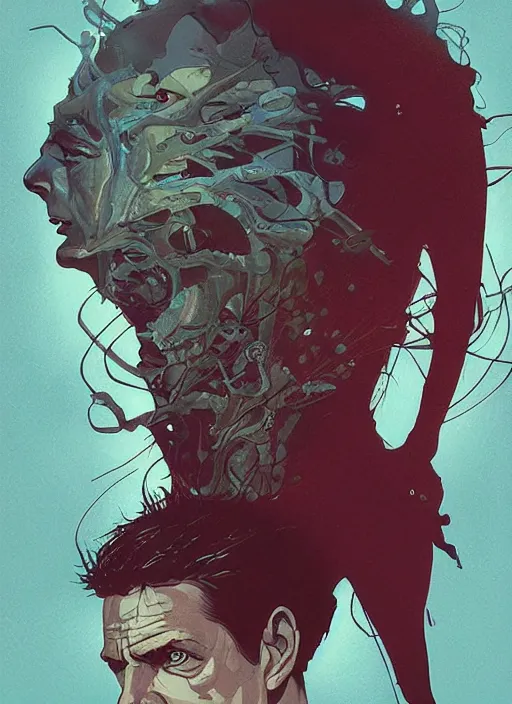 Image similar to poster artwork by Michael Whelan and Tomer Hanuka, Karol Bak of Tom Cruise mind expanding too much like Tetsuo from Akria, from scene from Twin Peaks, clean, simple illustration, nostalgic, domestic, full of details