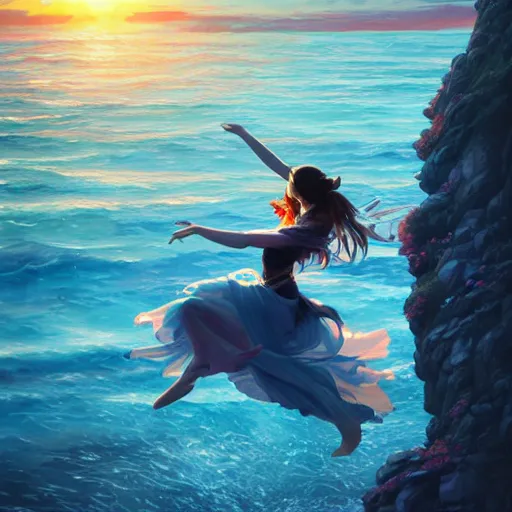 Prompt: A girl dancing on water, detailed facial features, evokes feelings of joy, beautiful flowing fabric, sunset, dramatic angle, realistic and detailed, by studio trigger, pixiv dslr photo by Makoto Shinkai rossdraws and Wojtek Fus