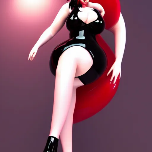 Image similar to a curvy feminine pale goth cutie in a red-black shiny nylon tight tube-top dress and black latex stockings, cgsociety, photorealistic, sublime-comfy-elegant ambience, 16k, smooth, sharp focus, trending on ArtStation, volumetric lighting, fully clothed, worksafe