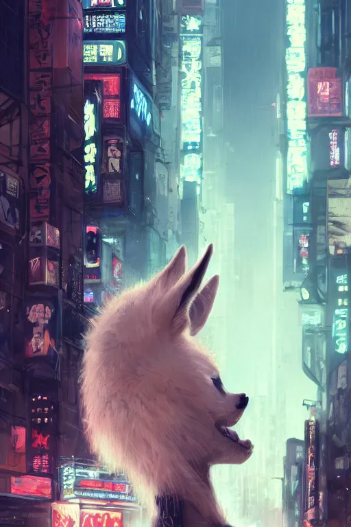 Image similar to beautiful portrait of a tall white female anthro fox smoking a cigarette towering head and shoulders above the bustling crowd of a rainy city street around her, cyberpunk clothes, cyberpunk, harsh neon lights, highly detailed, sharp focus, digital painting, illustration, trending on artstation, art by sakimichan, wlop, greg rutkowski