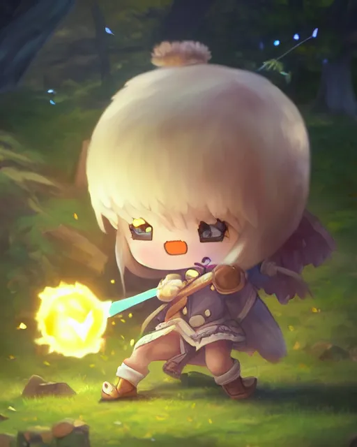 Image similar to oil painting of a cute chibi MapleStory female, casting a spell with a teaspoon, wearing a MapleStory archer outfit, sharp focus, fantasy style, octane render, volumetric lighting, 8k high definition, by greg rutkowski, highly detailed, trending on artstation, magic the gathering artwork, Perion background from MapleStory, centered