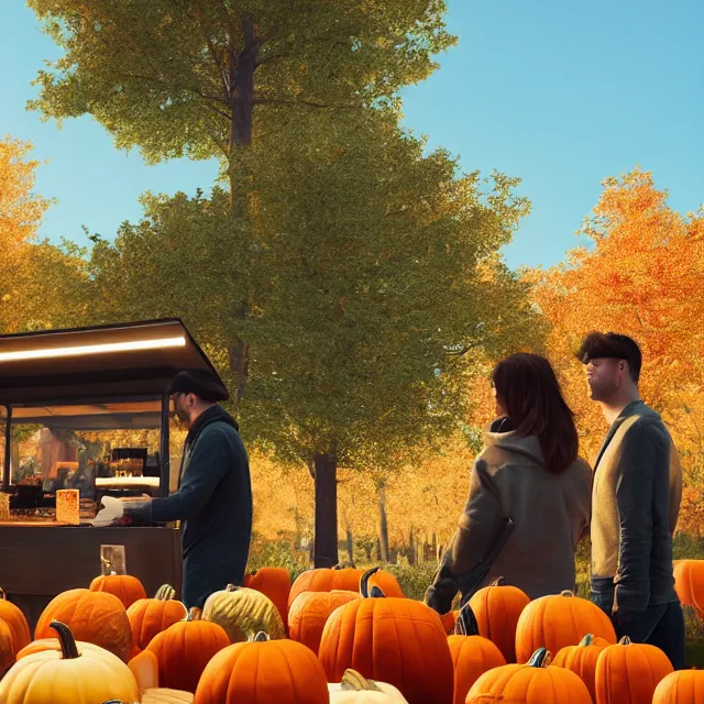 Image similar to pumpkin headed people ordering coffee at a coffee stand, maple trees with fall foliage, volumetric, realistic, cinematic lighting, ray tracing, unreal engine 5, octane render, hyper realistic, photo, 8 k