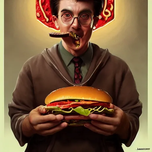 Prompt: portrait of a kosmo Kramer eating a hamburger, extra onions and ketchup, luscious patty with sesame seeds, masculine, handsome, D&D, fantasy, intricate, elegant, highly detailed, digital painting, artstation, concept art, matte, sharp focus, illustration, art by Artgerm and Greg Rutkowski and Alphonse Mucha