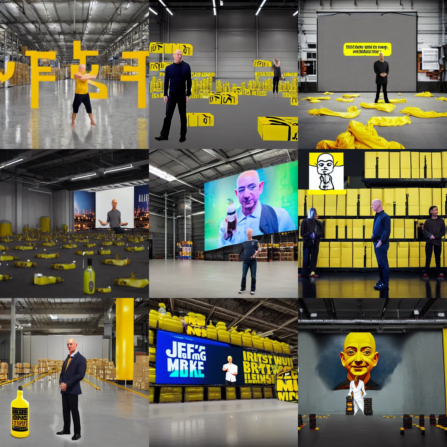 Prompt: jeff bezos as a zen yoda master in front of a warehouse full of miserable underpaid workers doing yoga. bottles of strange, yellow liquid are seen occasionally in the yoga space. a giant projected image of jeff bezos is visible on the distant, far wall, orwellian in tone with'namaste'written beneath. 4 k, beeple, rendered in octane