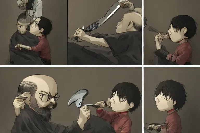 Prompt: a barber struggles to cut the hair of conjoined twins, by miyazaki and amano and murakami, trending on artstation