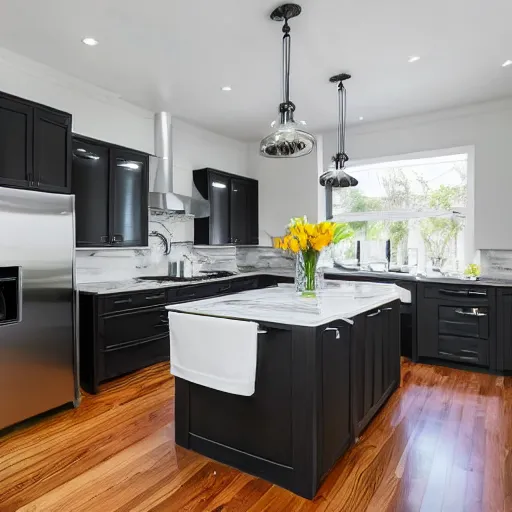 Prompt: basic kitchen, with white cabinets and a dark gray hardwood floor with marble countertops and black kitchen appliances, realistic photo, high, definition, studio quality